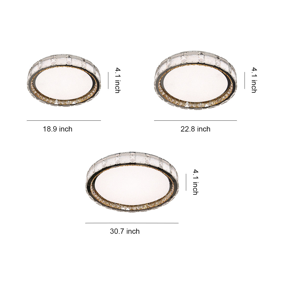 Crystal flush mount ceiling lights design reference showing three round fixtures with decorative crystal borders.
