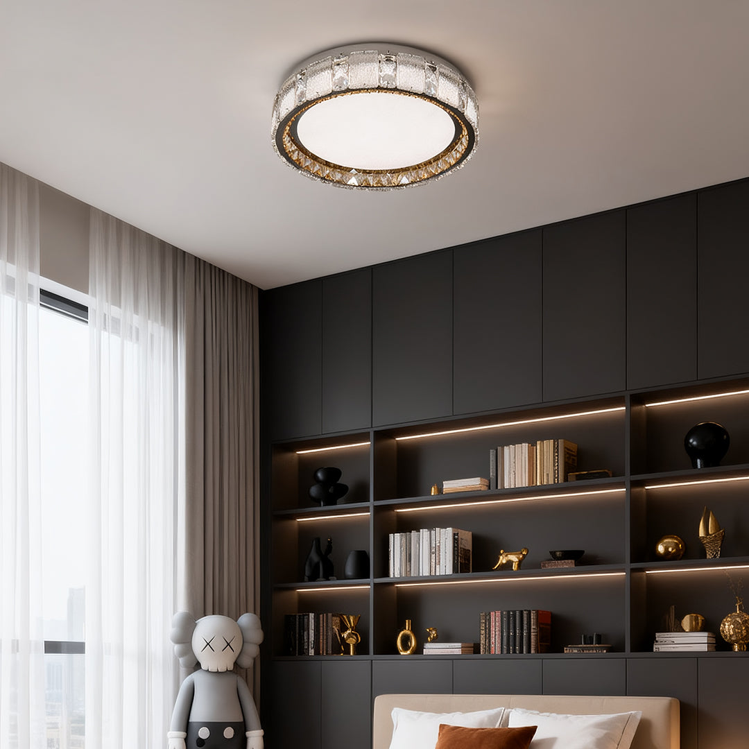 Crystal flush mount ceiling lights installed in contemporary living room with dark accent wall shelving.