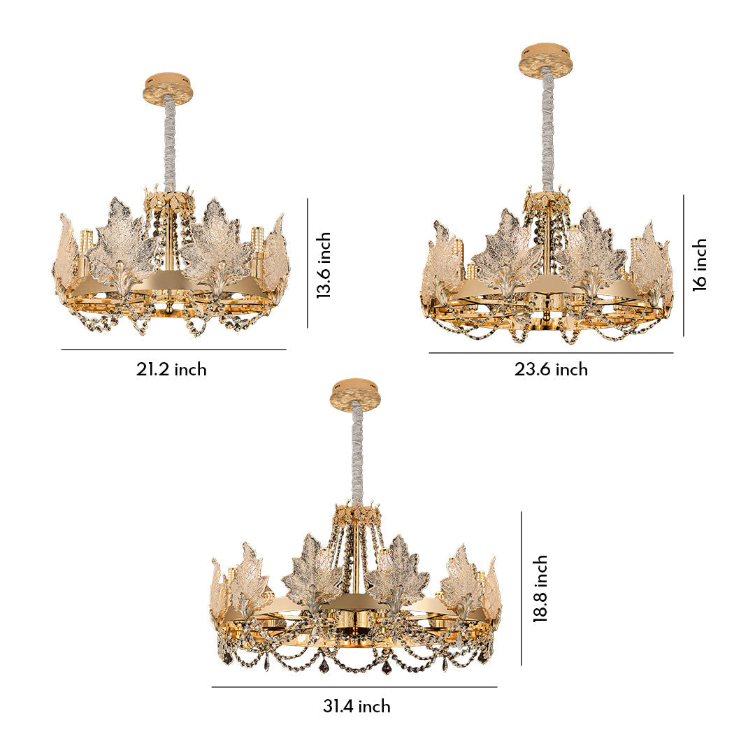 Size chart of crystal French chandelier showing multiple diameters and hanging lengths.