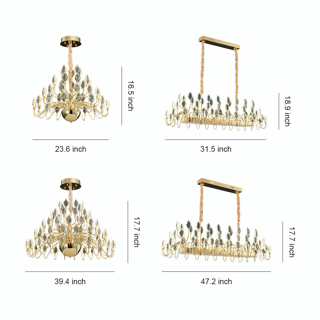Crystal gold LED chandelier size guide with dimension details.