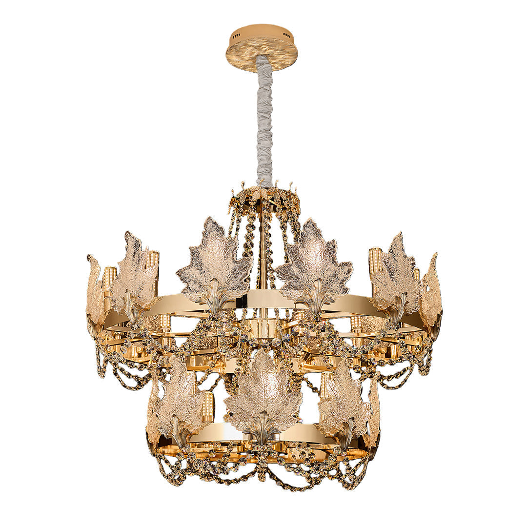 Rectangular crystal French chandelier with gold frame and cascading crystal beads.