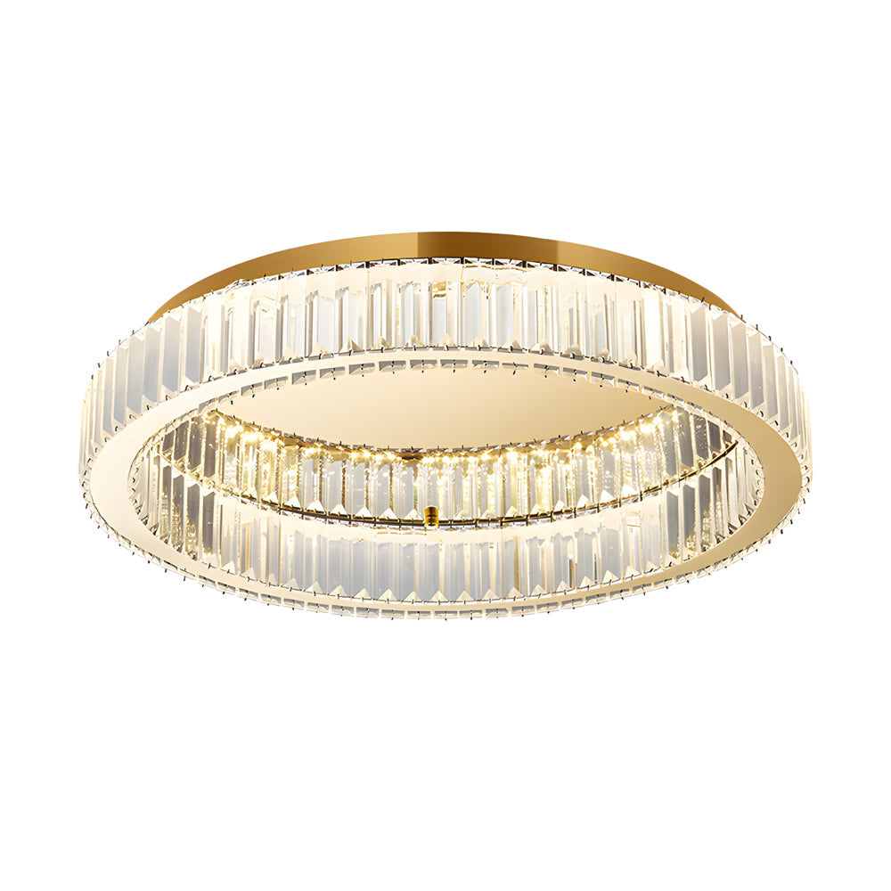 Angled close-up view of crystal ring ceiling light with gold metal frame.