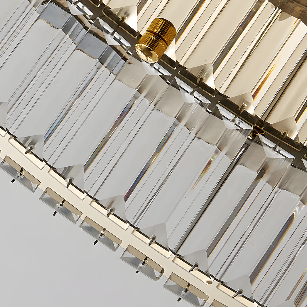 Crystal ring ceiling light casting warm light in a contemporary living space.