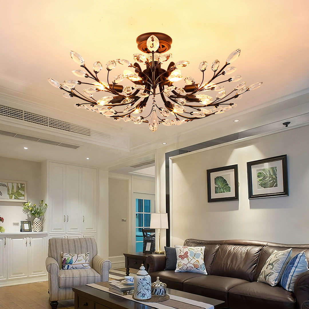 Crystal semi flush ceiling light illuminated displaying brilliant crystal sparkle and warm ambient lighting effects