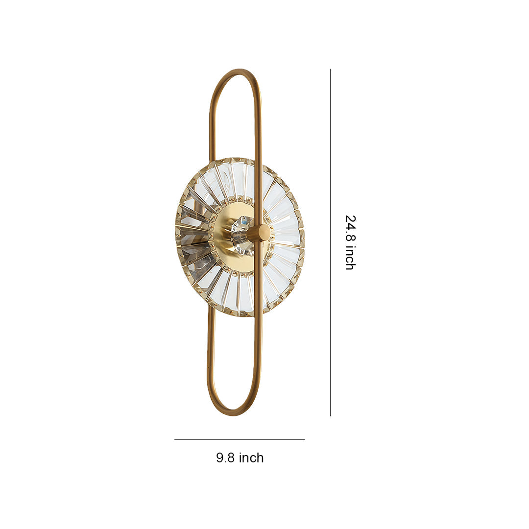 Crystal wall sconces lighting with glass shade chandelier inspired design in Art Deco form featuring gold metal frame and crystal disc.