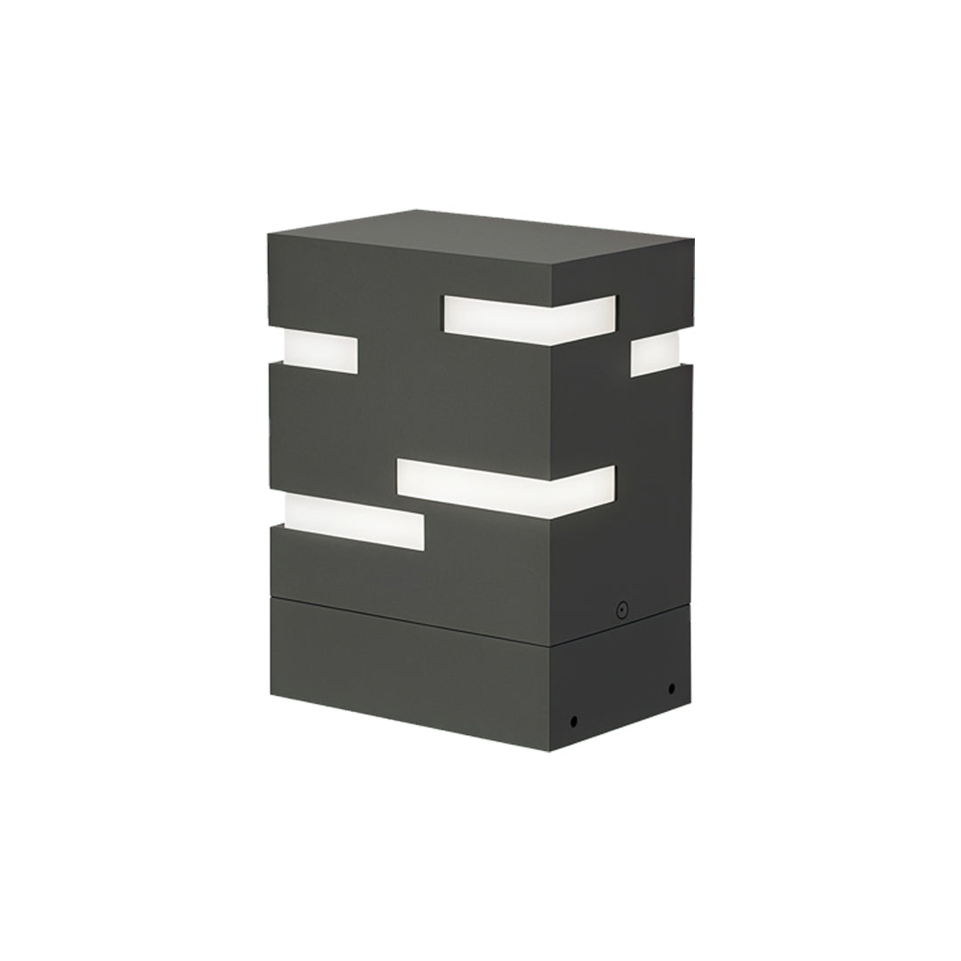 Compact cube-shaped black led bollard lights featuring multiple horizontal light slots for modern pathway and garden lighting.