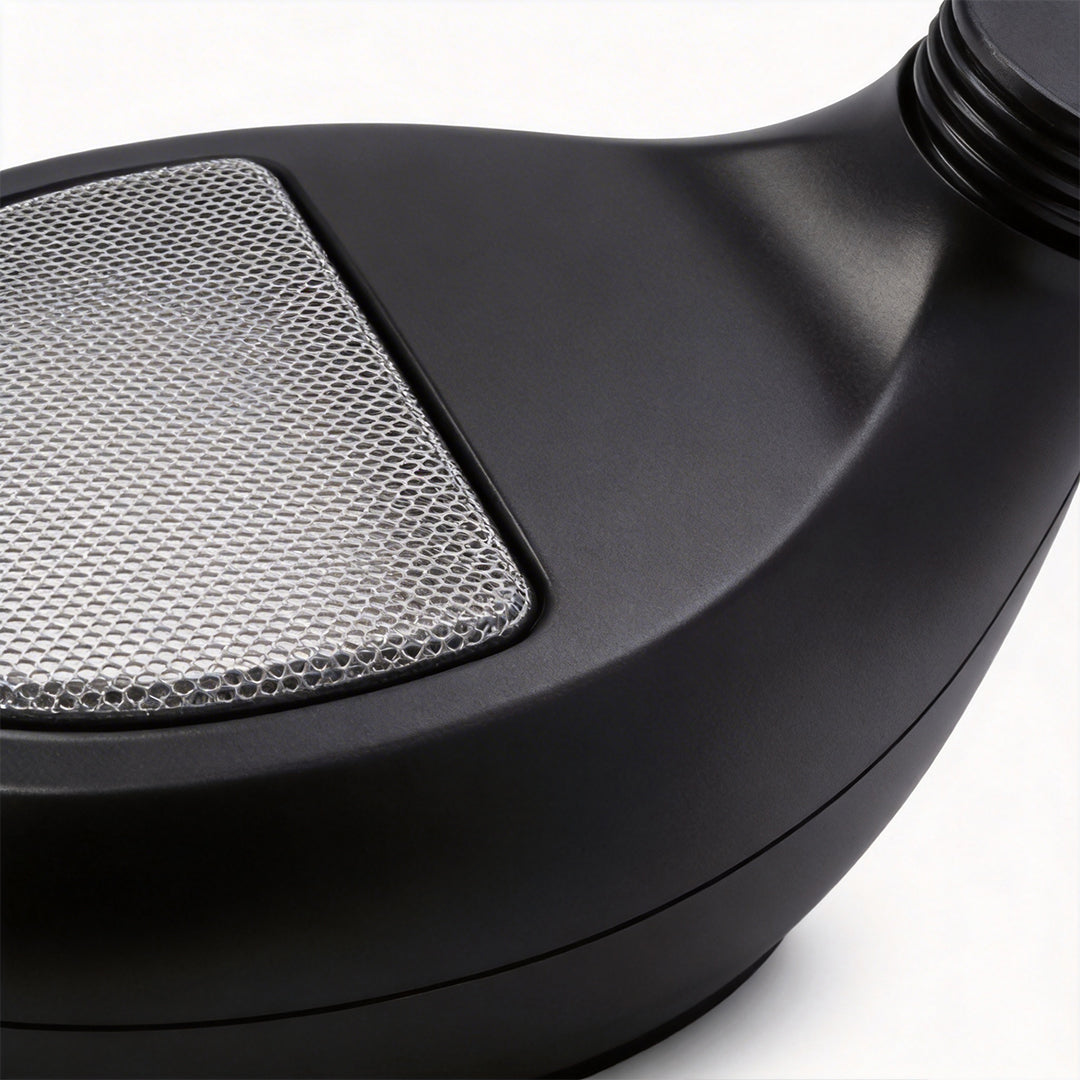 Close-up of curved bollard light lamp head with textured diffuser.