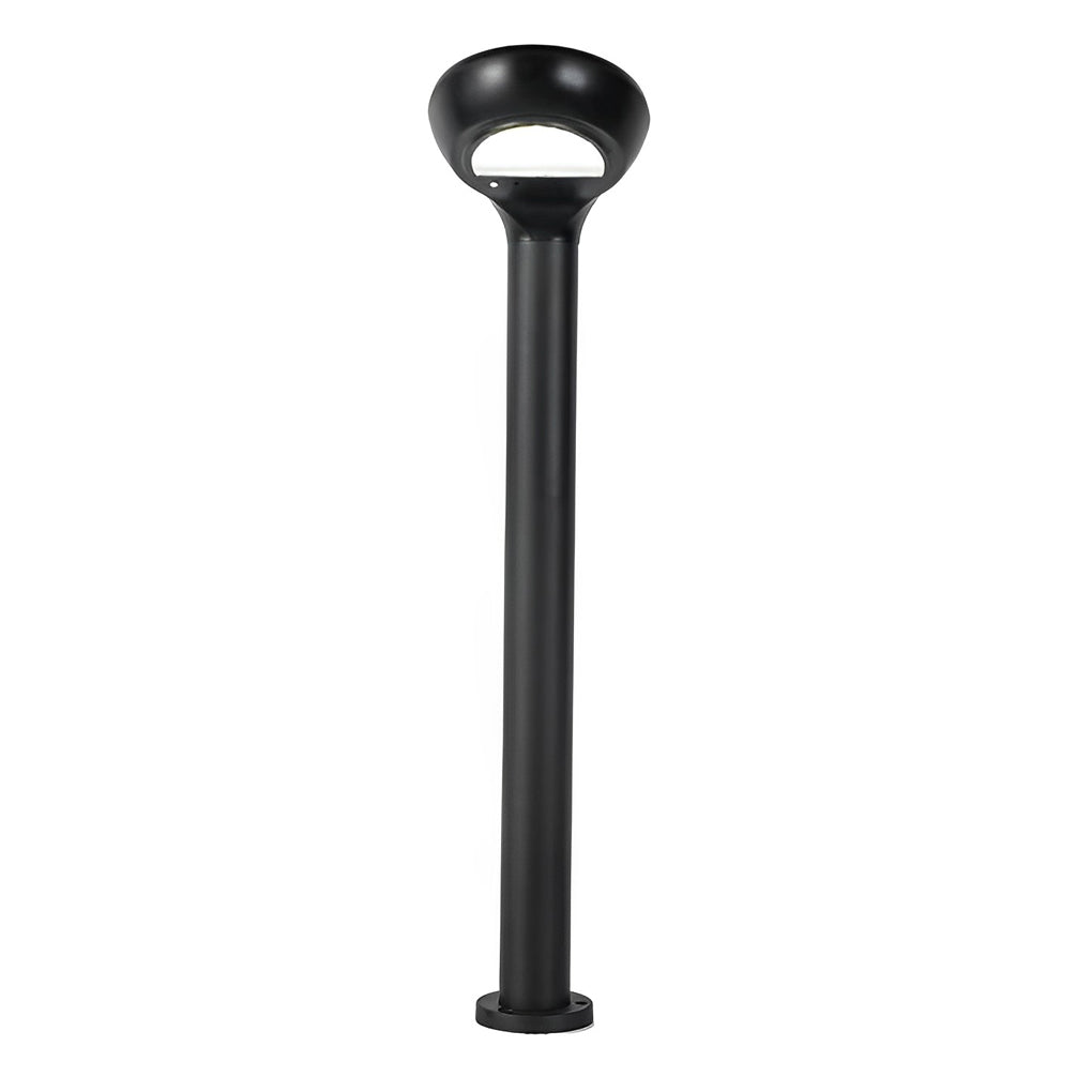 Curved bollard light standing alone in a minimalist outdoor setting.