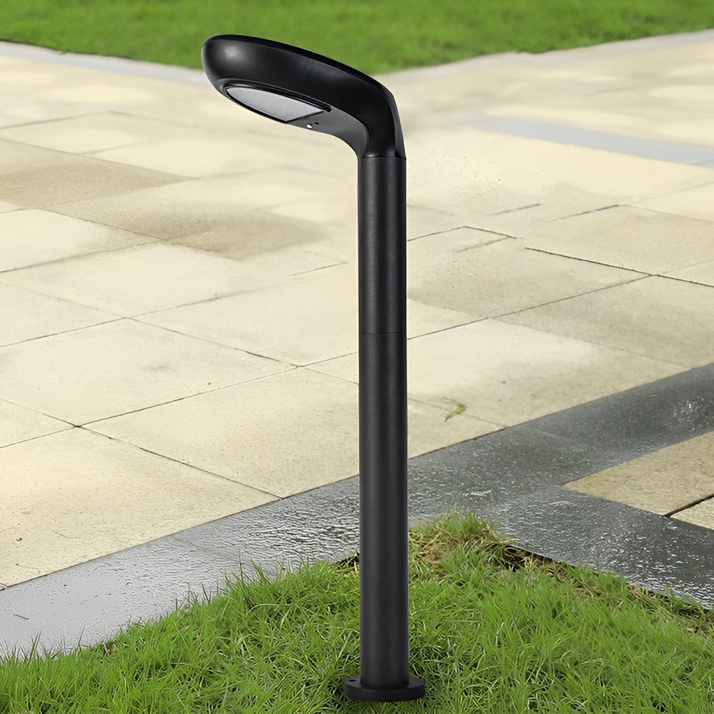 Curved bollard light design with slim pole and angled lamp head.
