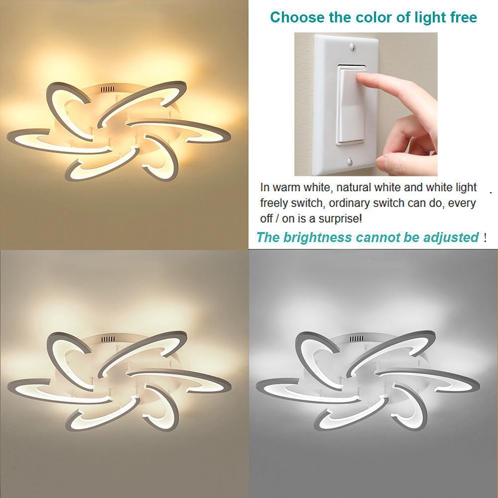Curved LED ceiling light showing multiple lighting modes via remote control.
