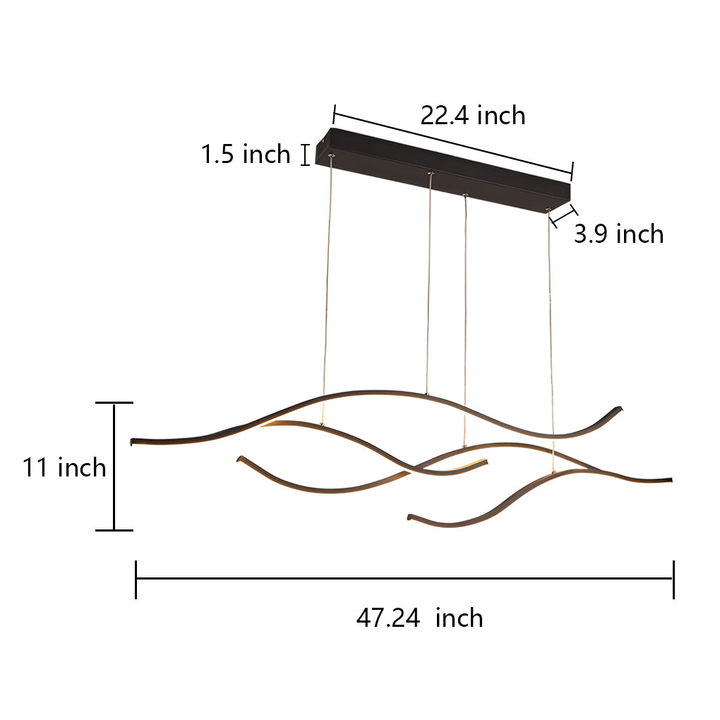 Technical diagram of curved LED pendant light showing dimensions and proportions.