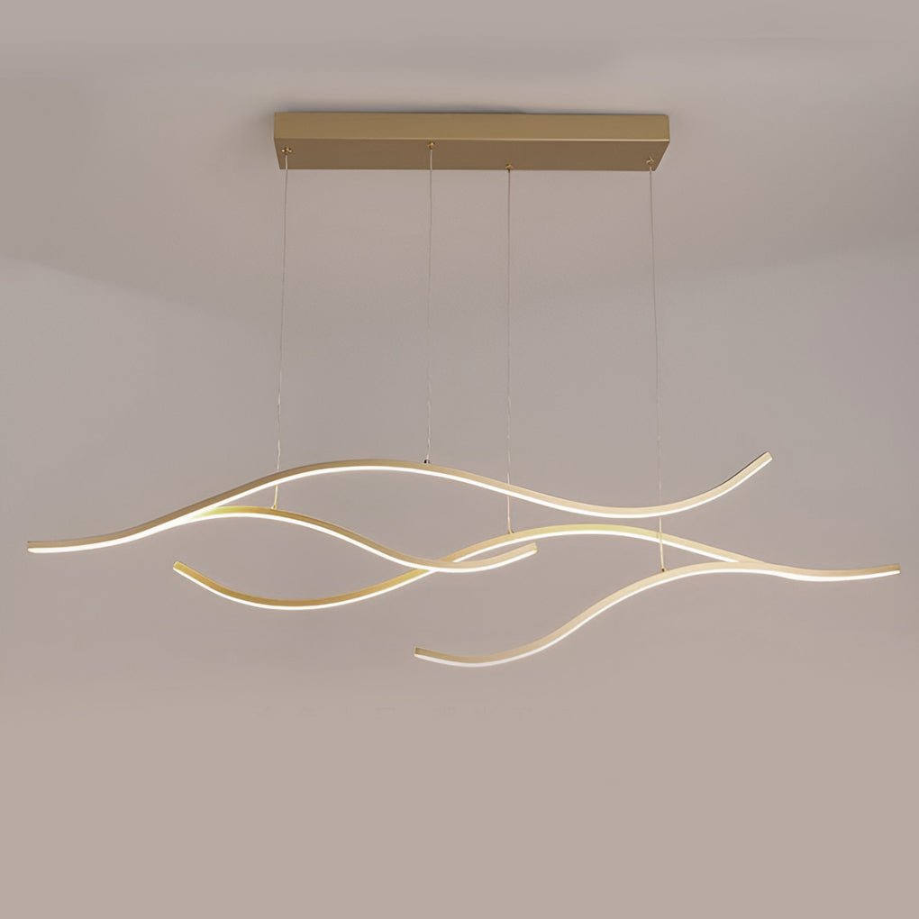 Minimalist curved LED pendant light isolated on a neutral background.