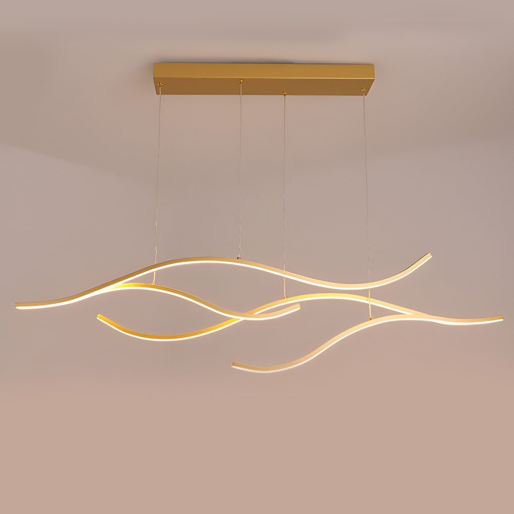 Close-up view of flowing curved LED pendant light strips showing smooth wave design.