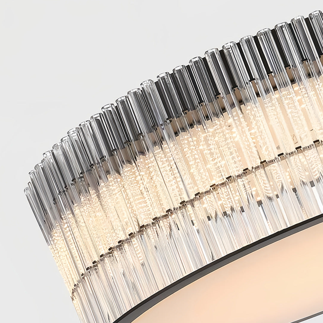 Curved view of crystal flush mount ceiling lights highlighting the crystal elements and modern design aesthetics.