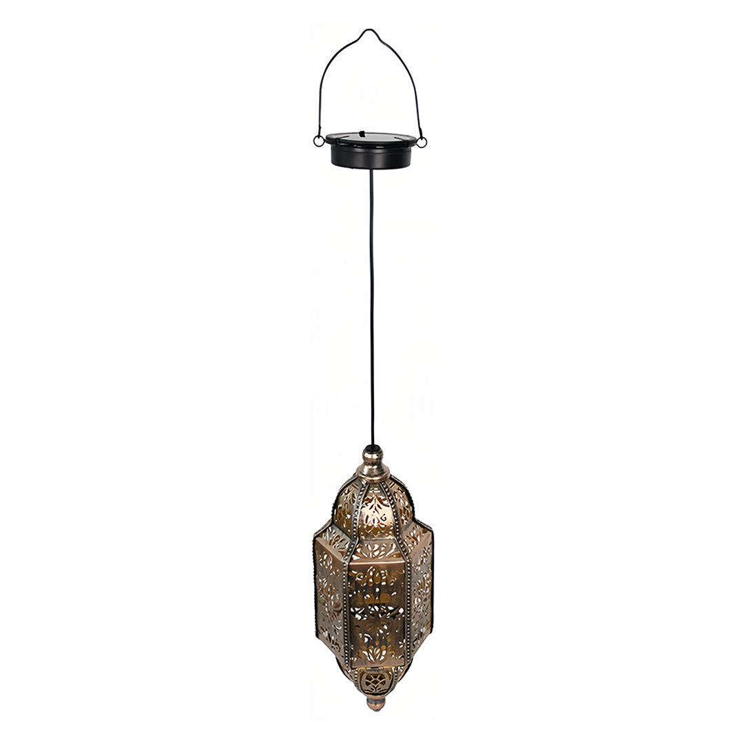 Cylindrical geometric outdoor moroccan lanterns showing the metal finish and solar charging top detail for white background listing.
