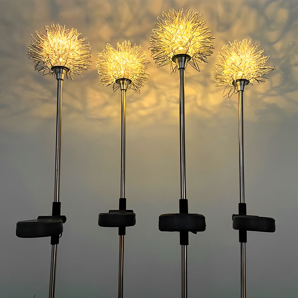 Dandelion landscape lights with intricate LED designs, displayed against a clear sky backdrop.