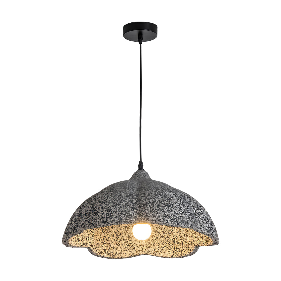 Dark gray vintage metal pendant light featuring dome shape and warm golden inner shade.
