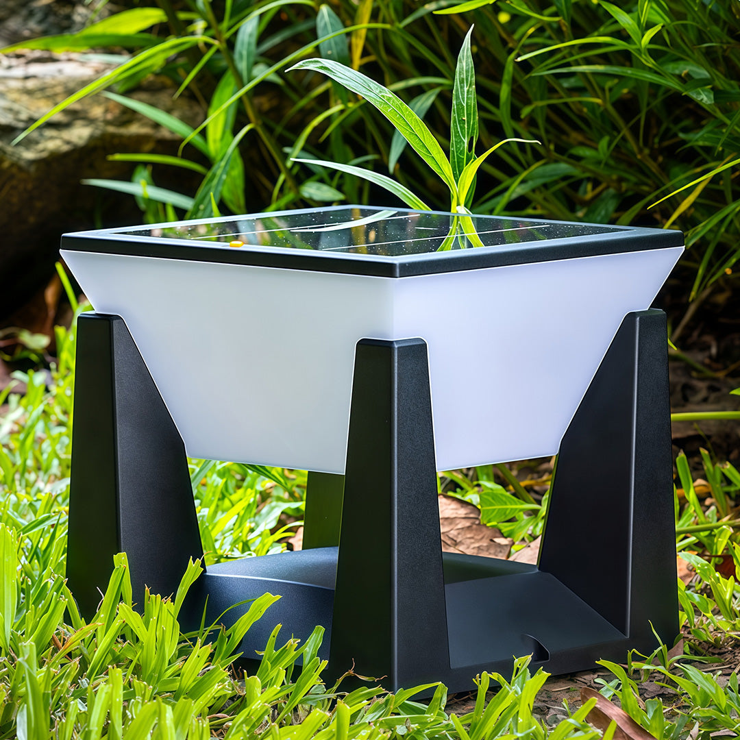 Daytime close up of a modern solar bollard light showing the top solar panel, placed in a grassy garden.
