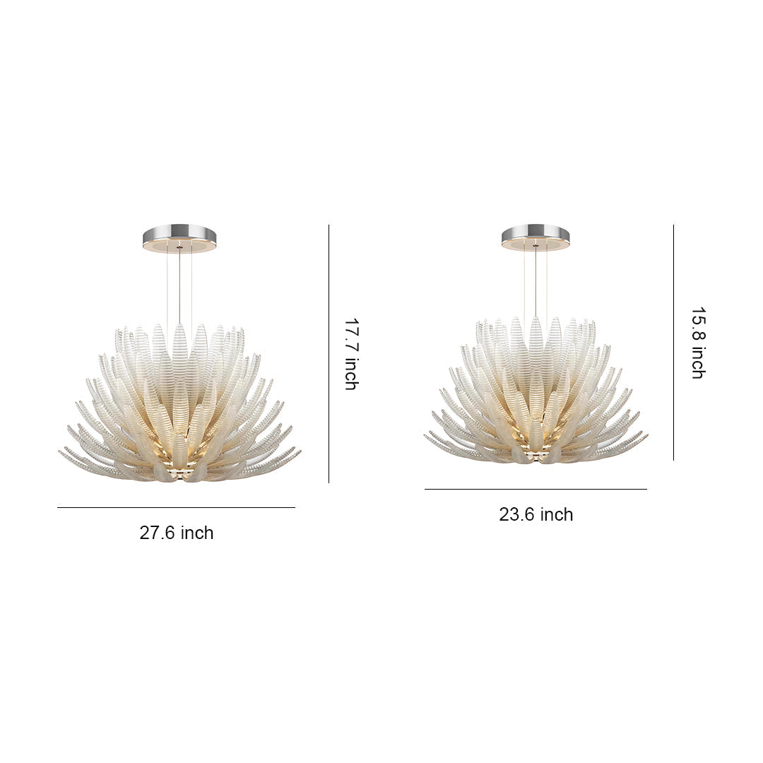 Art deco chandelier with layered glass leaf design and chrome base.
