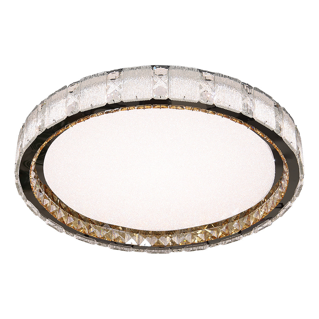Decorative crystal flush mount ceiling light with textured crystal border creating luxurious lighting effect.
