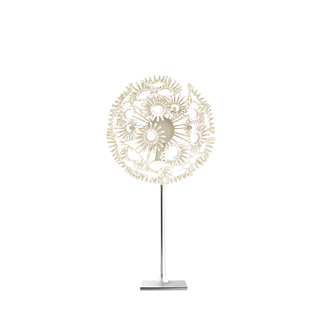Modern decorative dandelion garden lights outdoor with metal stem and glowing sphere.
