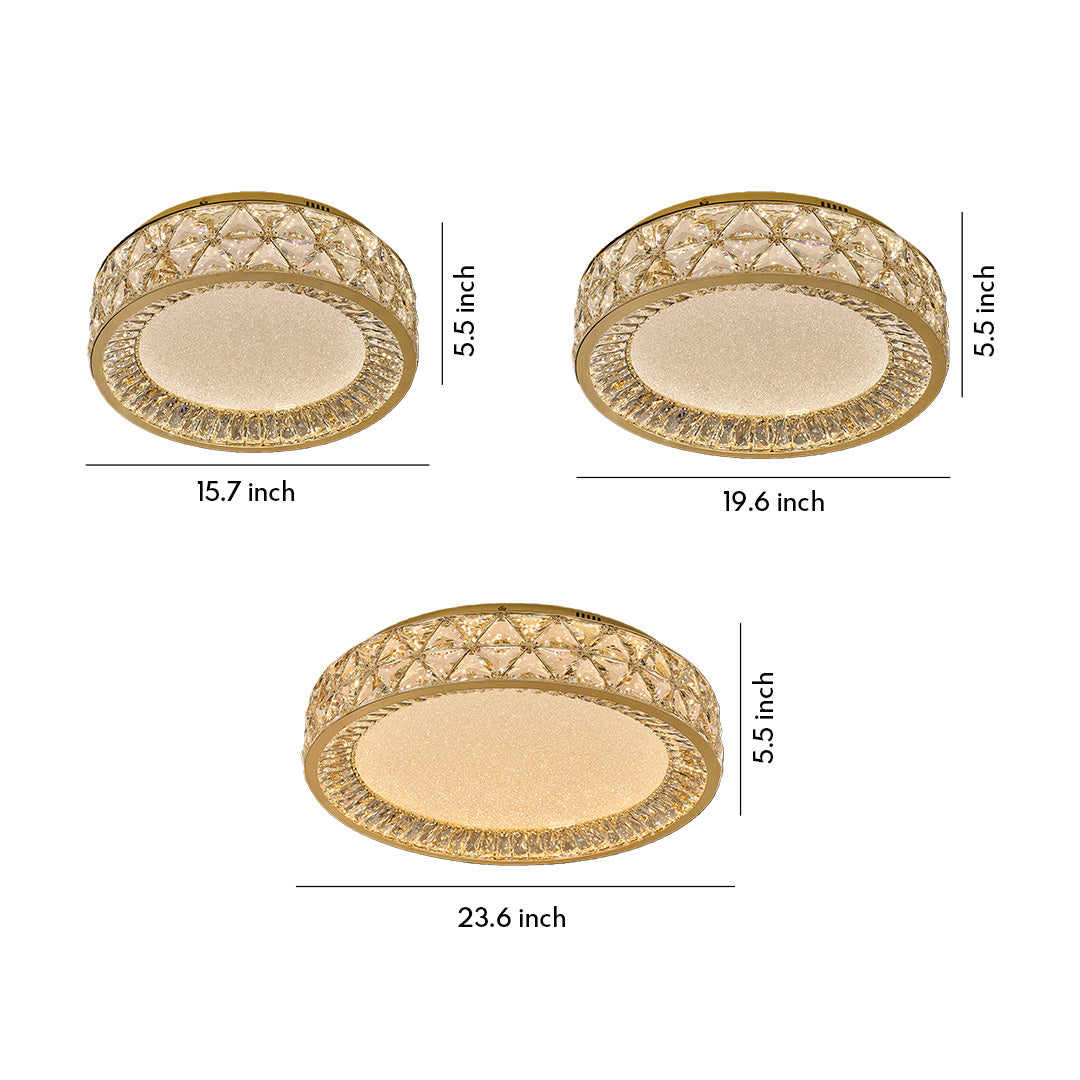 Decorative flush mount ceiling lights with glass shade chandelier inspired design showing multiple sizes in gold finish with ornate crystal border.
