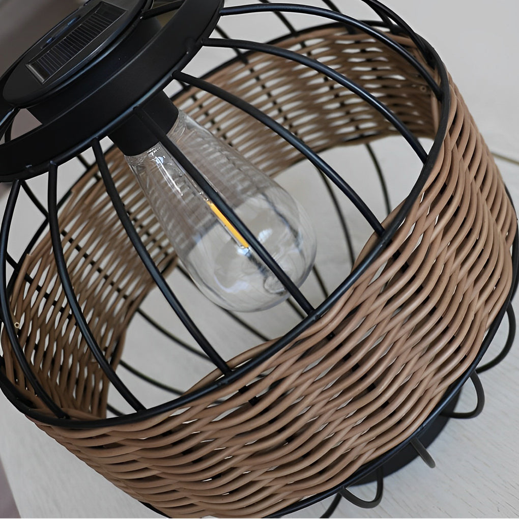 Decorative hanging solar lantern with a detailed view of the woven texture and inner light.
