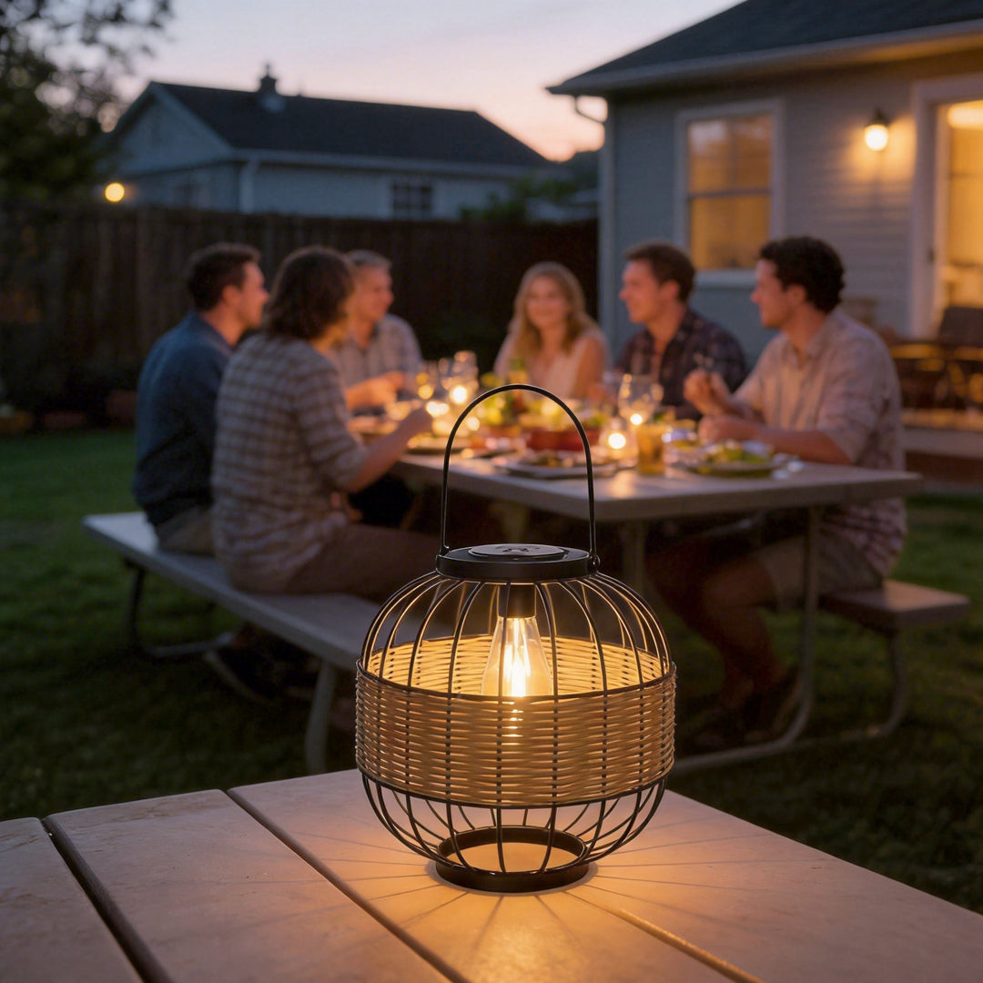 Family enjoying dinner outside under the soft glow of a decorative hanging solar lantern.