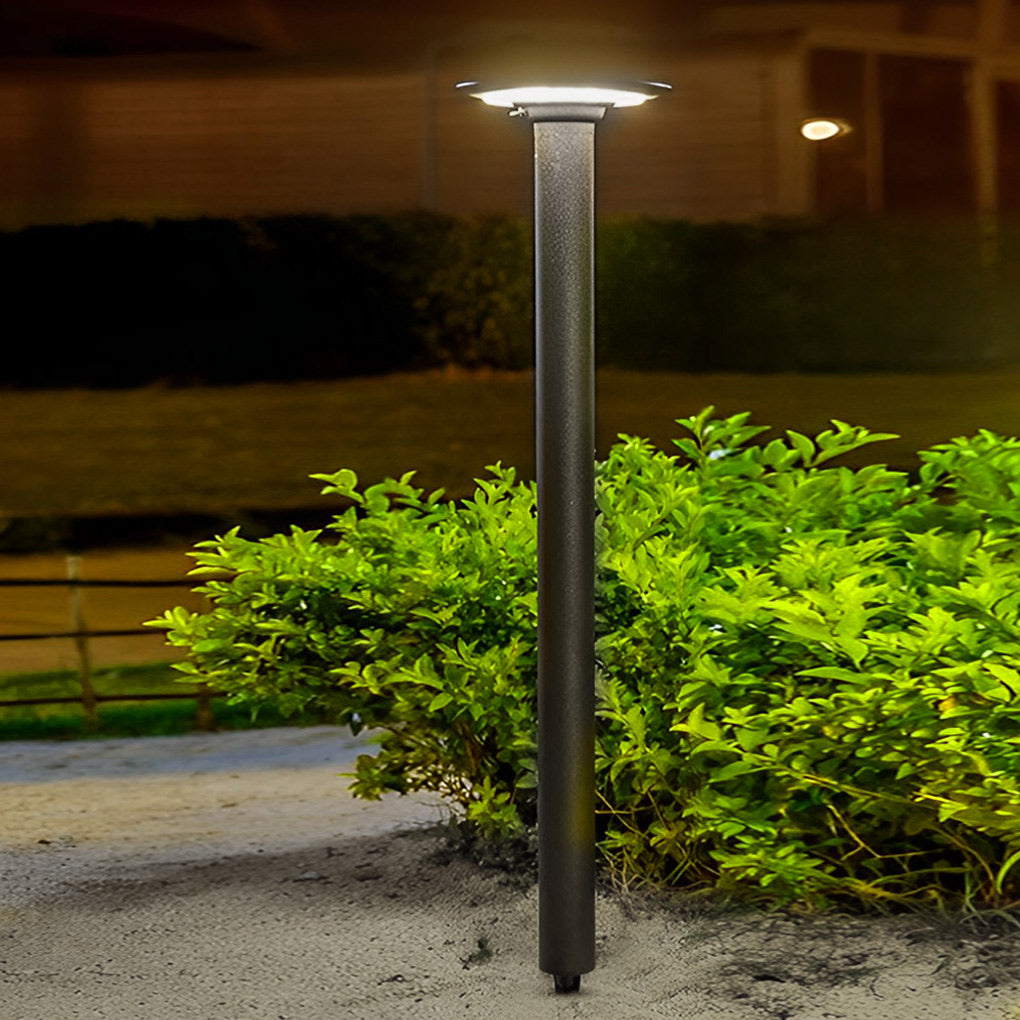Decorative solar path lights placed near garden shrubs, casting warm light to define outdoor walkways after dark.