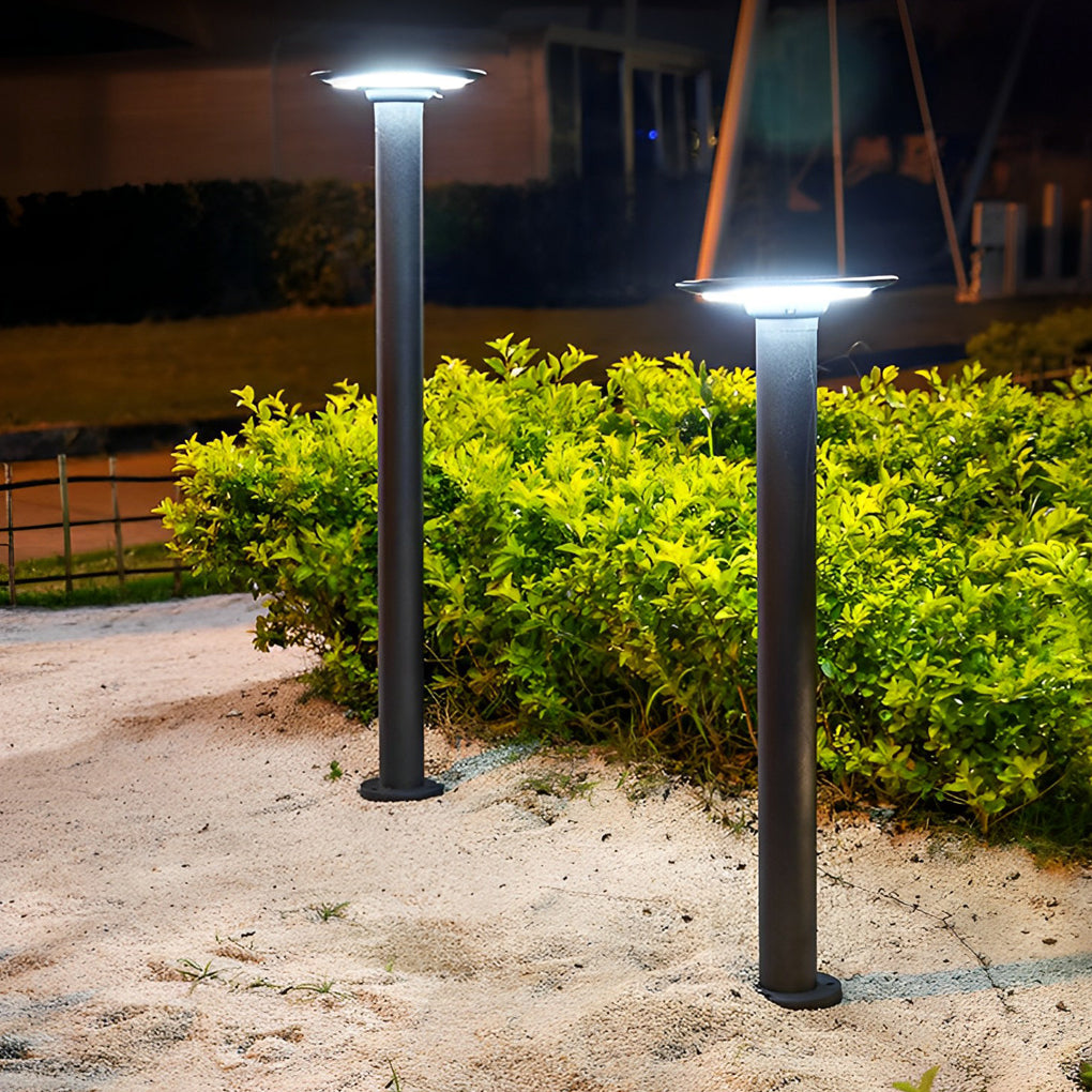 Decorative solar path lights installed in a gravel garden area, providing bright yet gentle illumination around greenery at night.