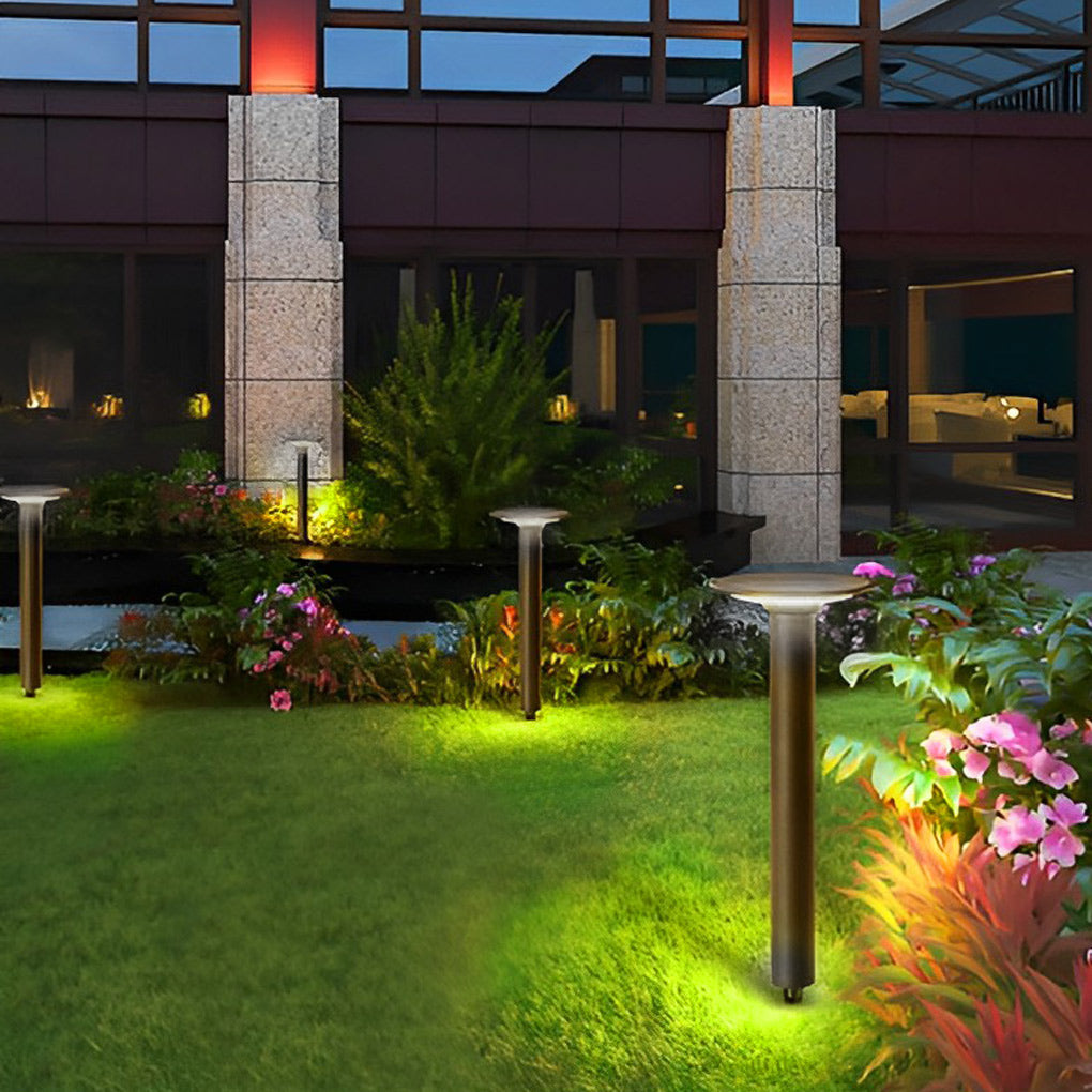 Decorative solar path lights highlighting a lawn and flower bed in front of a modern building during evening hours.