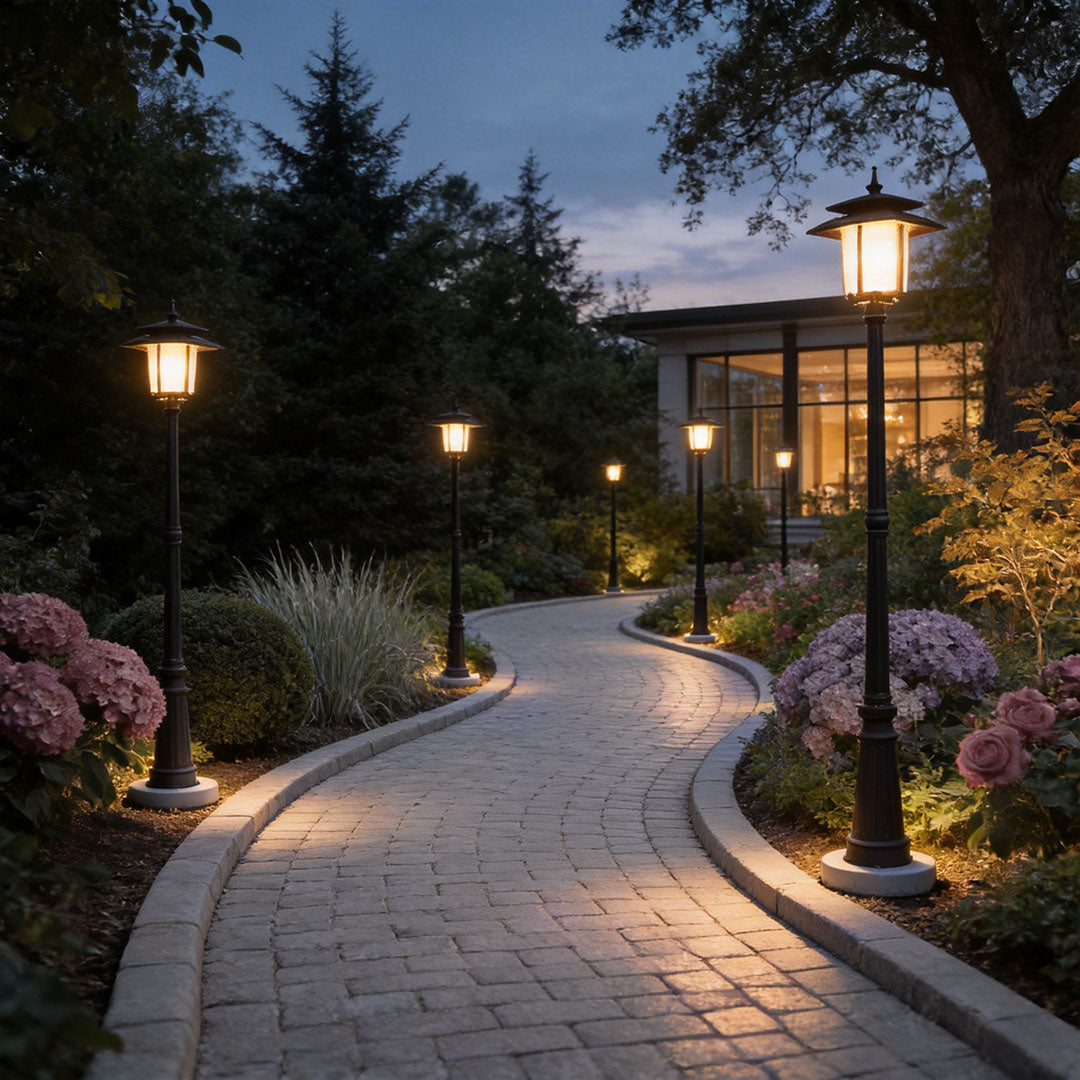 Decorative street light with a classic design, lighting up a curved pathway at dusk.