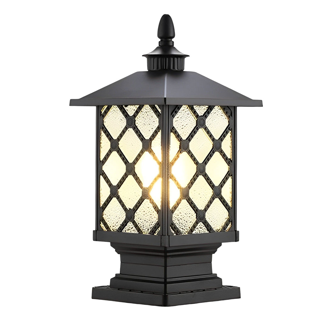 Decorative street light pillar with diamond-pattern glass and black finish.