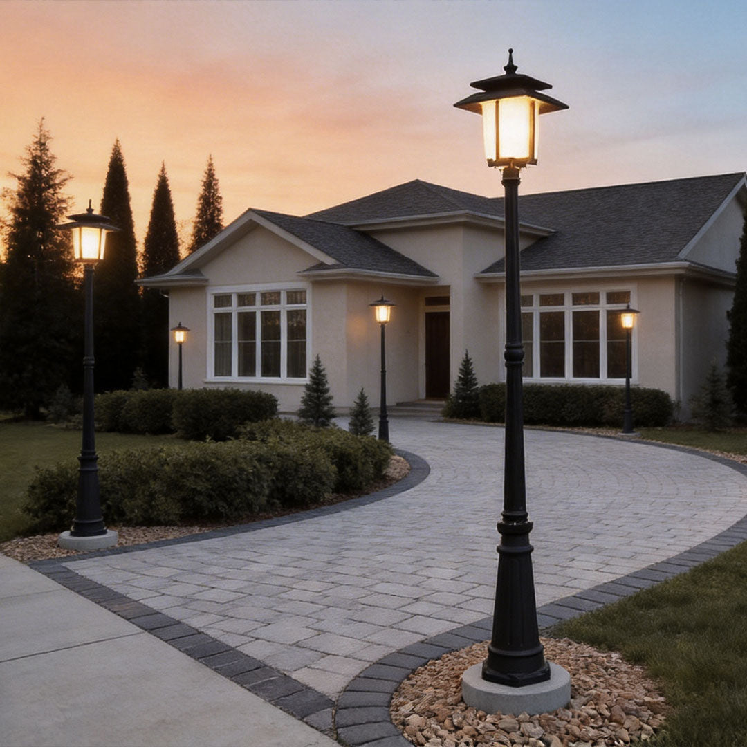 Decorative street light with a vintage design, enhancing a modern house entrance.