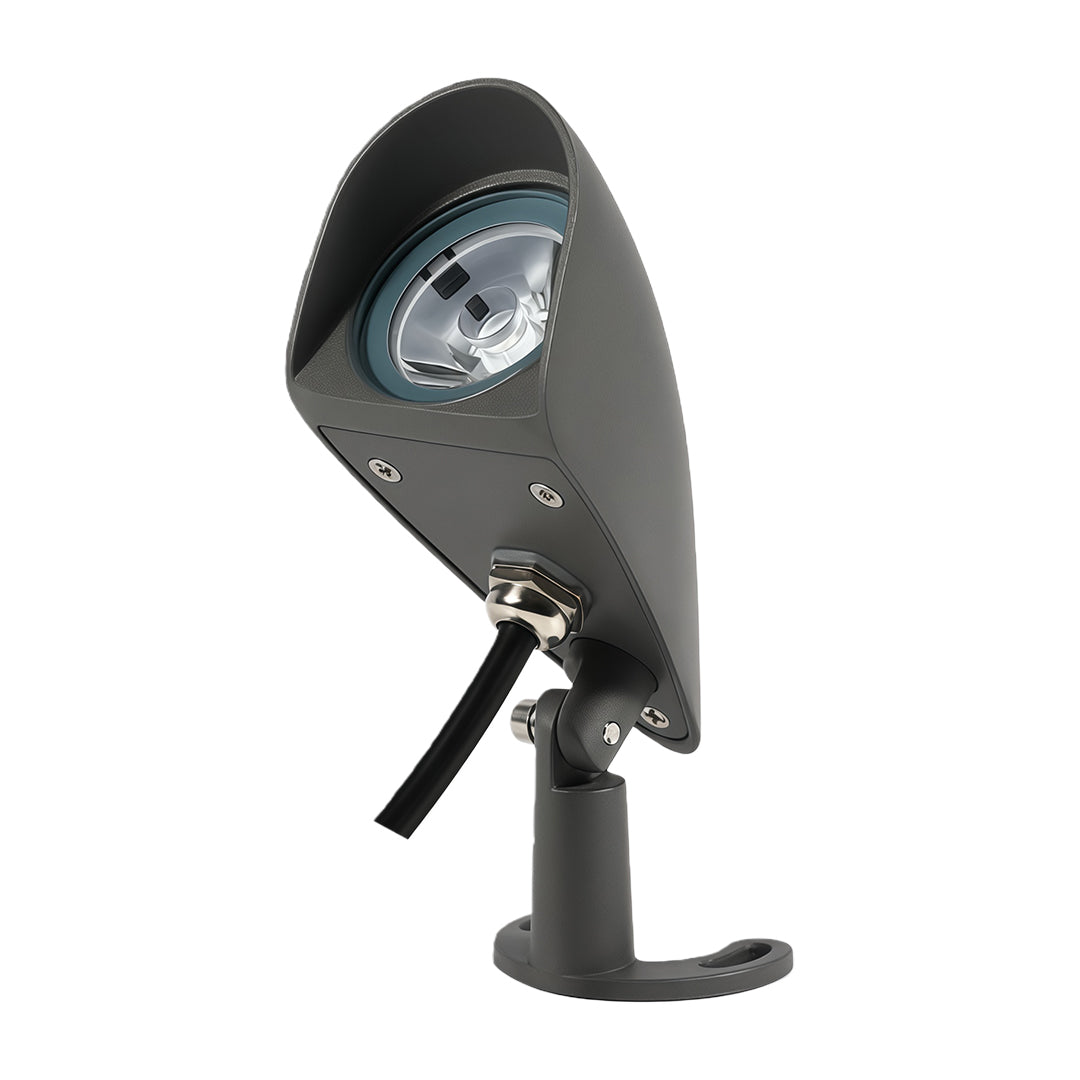 Angled view of decorative outdoor wall wash lighting with sleek black finish.