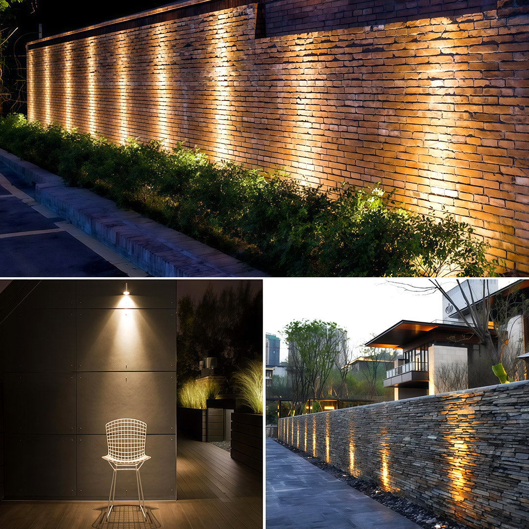 Series of decorative wall wash lighting illuminating a long brick wall.