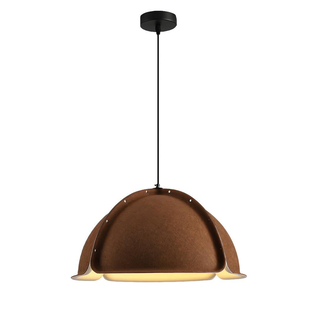 Deep green colored pendant light with vertical felt slats and an exposed filament bulb. 