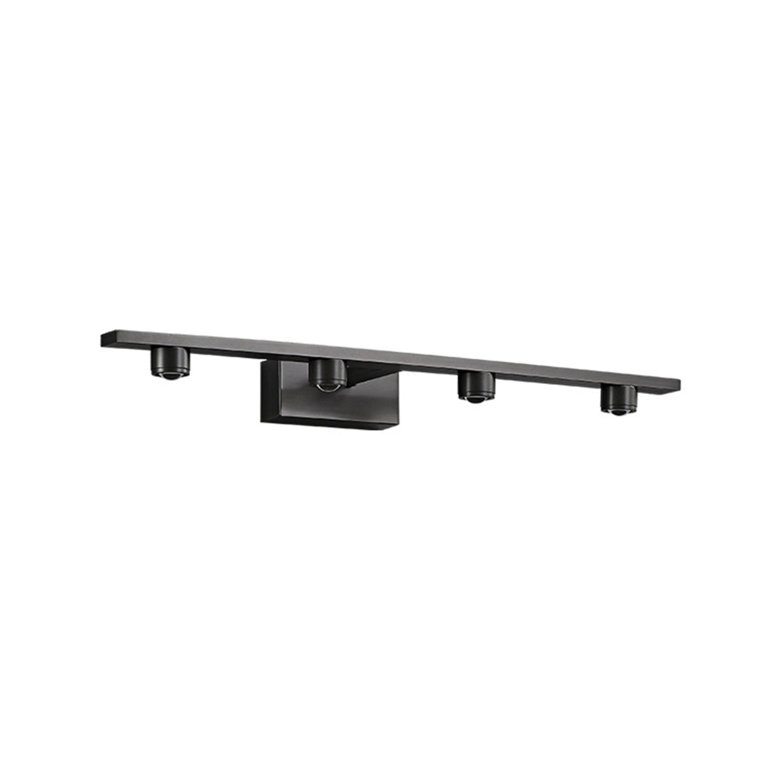 Designer black vanity lights for bathroom featuring extended track with multiple positioned spotlights