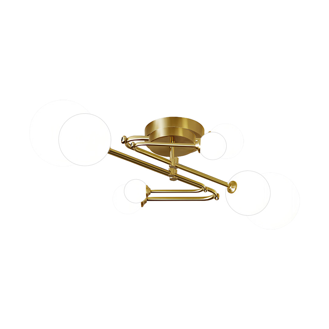 Designer gold semi flush mount light with linear configuration and brass finish accents