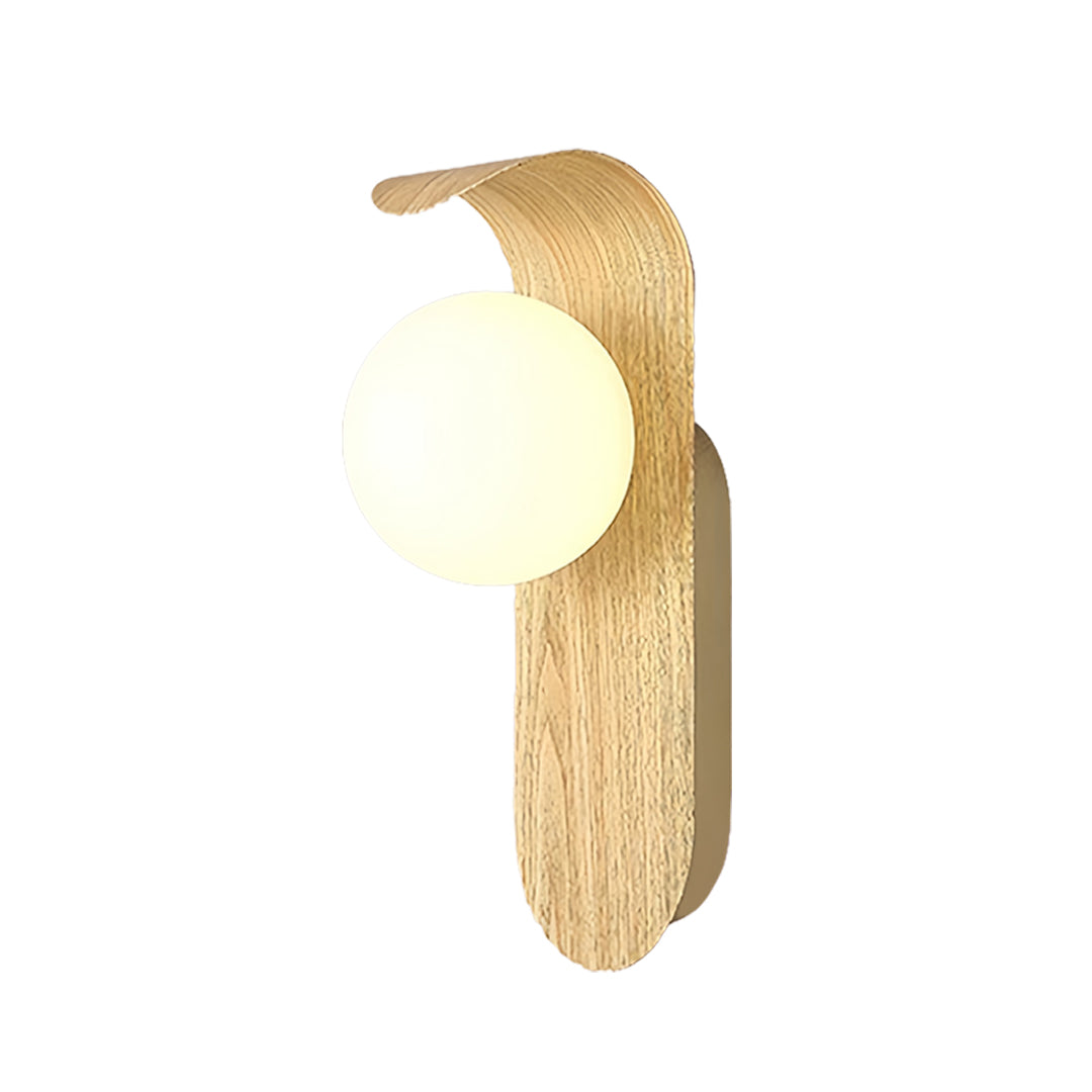 Designer led lights for wall featuring blonde wood accent and modern spherical lighting element