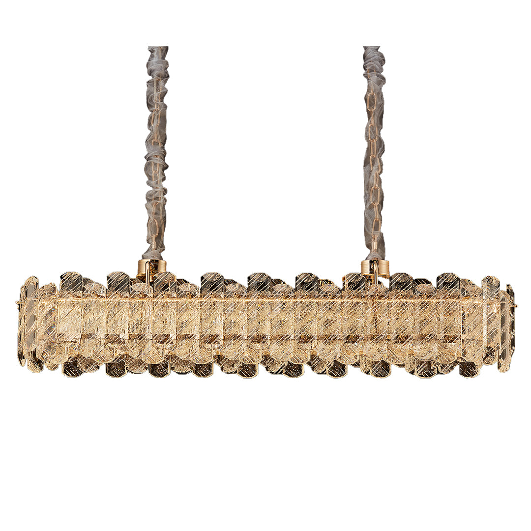 Designer Nordic chandelier with glass shade chandelier aesthetic in elongated oval linear form with tiered crystal arrangement.