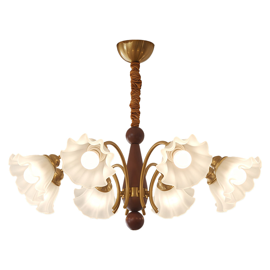 Detail view of crystal vintage chandelier showing individual frosted glass flower shade with brass arm and central wood post.
