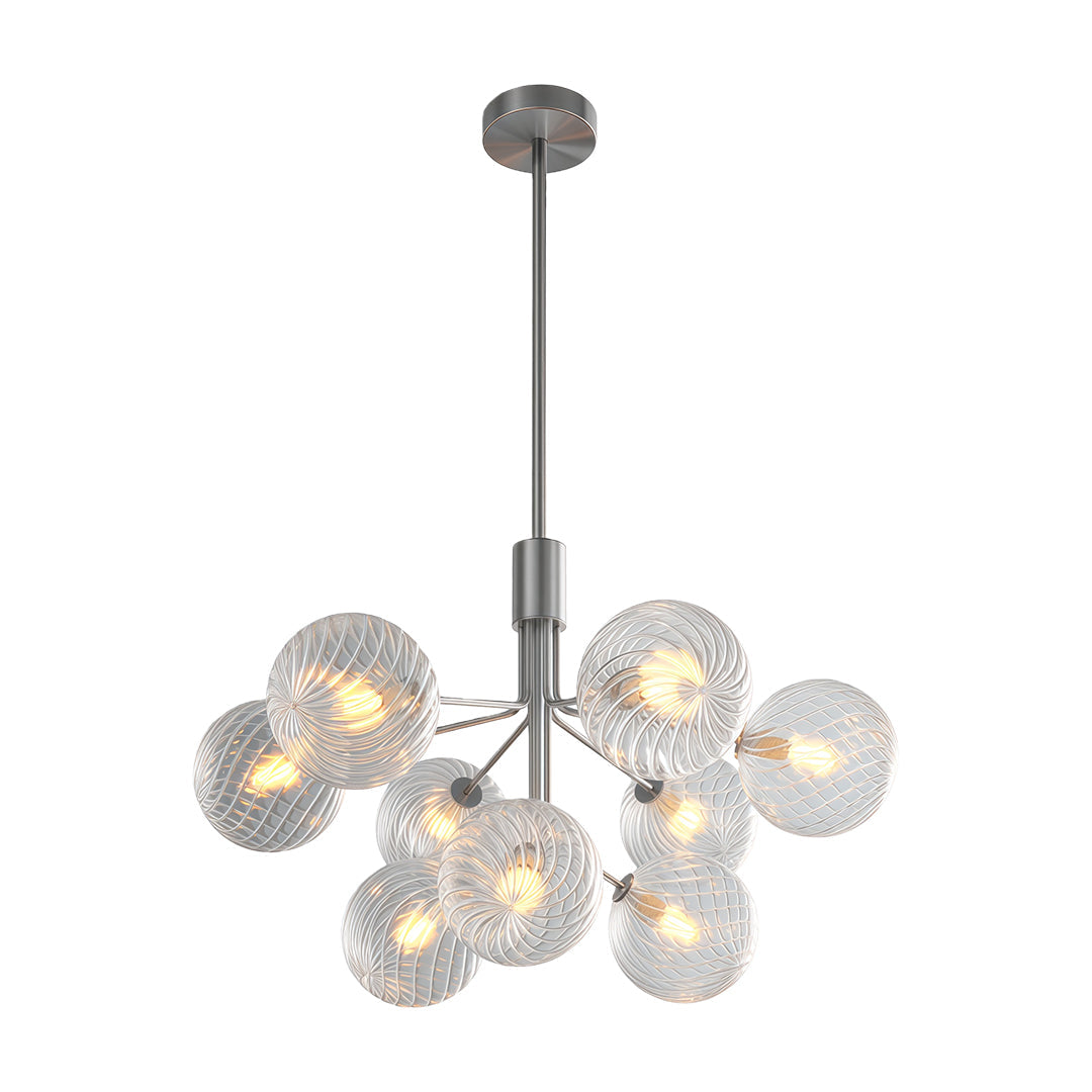 Detailed view of luxury modern chandeliers highlighting the glass spheres and elegant design.