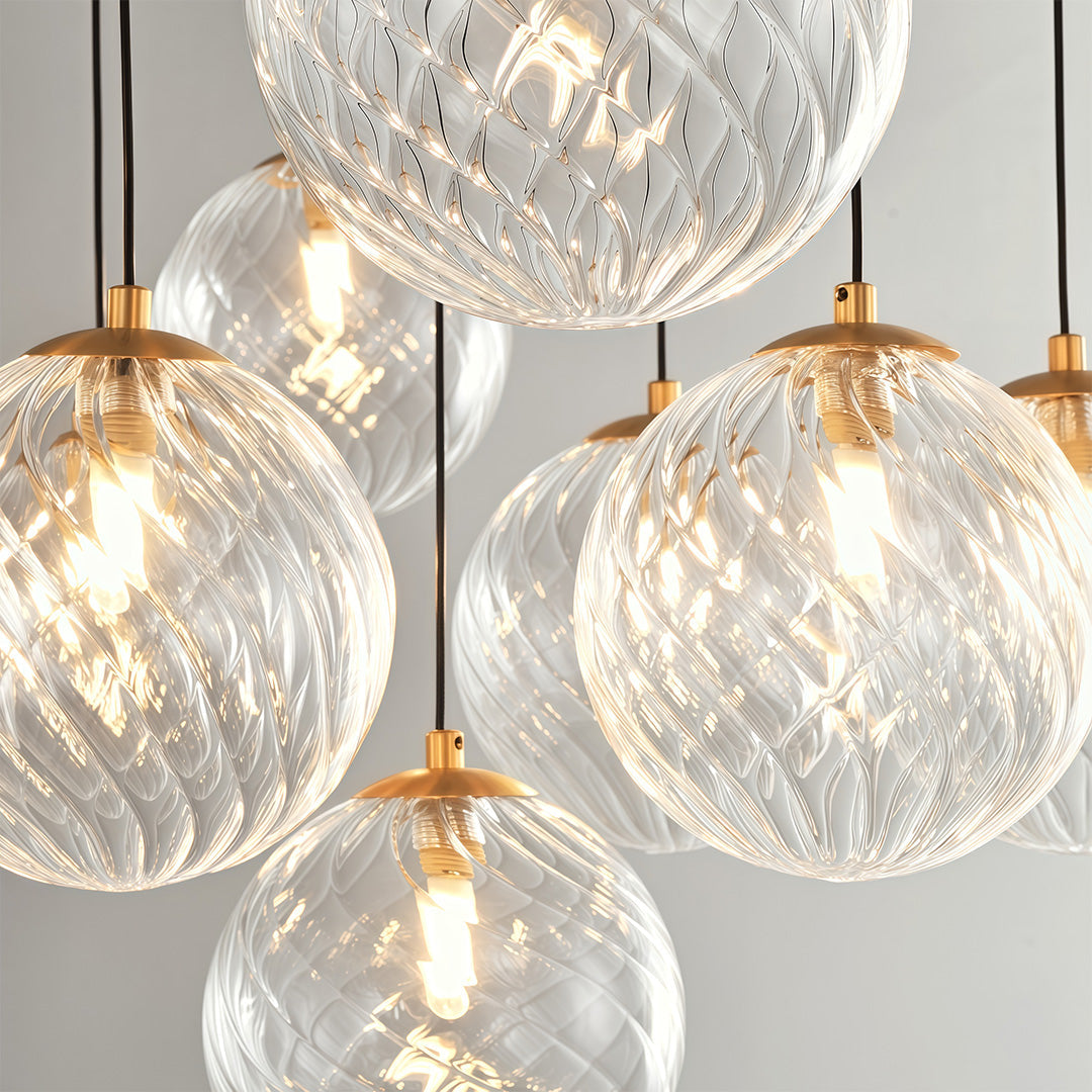 Detailed view of a modern glass ball chandelier highlighting the glass spheres and elegant design.