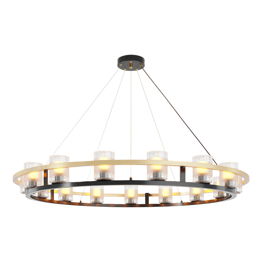 Detailed view of modern luxury chandeliers highlighting the candle-style lights and metal structure.