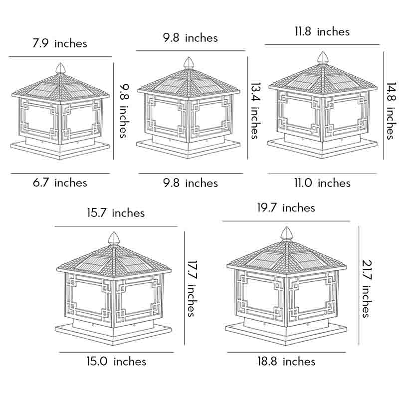 Detailed size specifications chart for solar outdoor garden pillar lights showing measurements.
