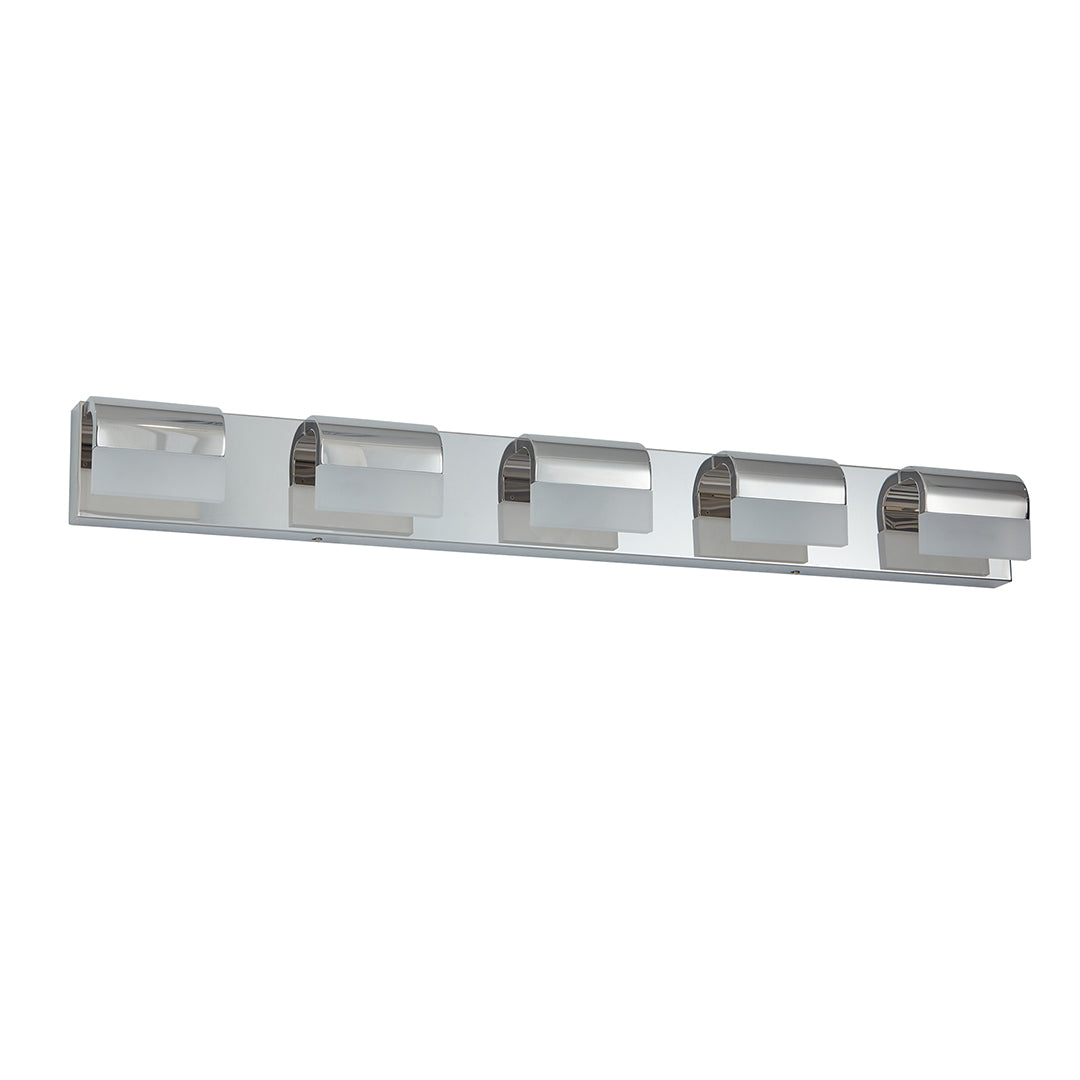 Detailed view of white vanity lighting for bathroom fixture with glass shade chandelier styling and mounting bracket.