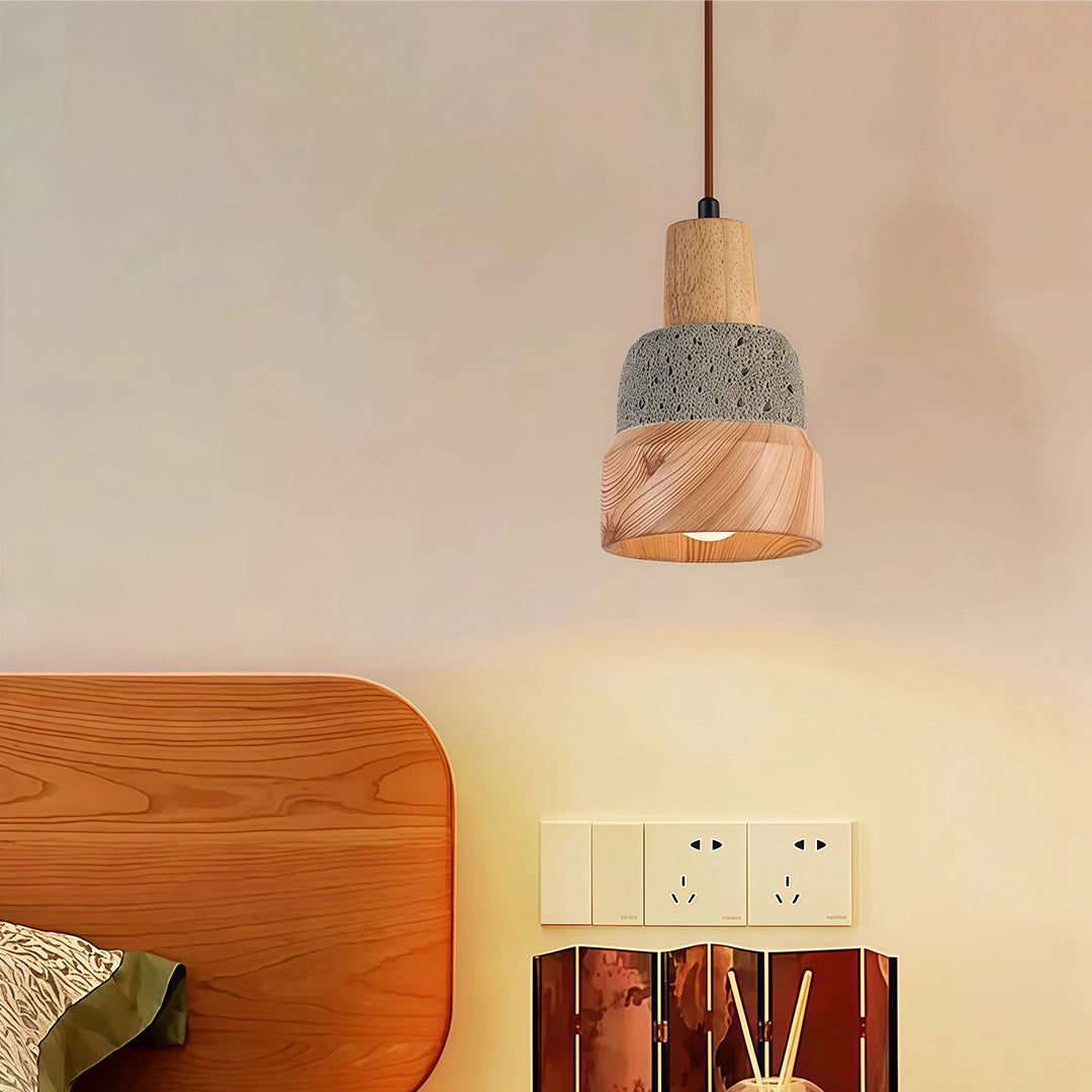 A detailed view of a wood pendant lighting showcasing the textured woven shade and warm illumination.