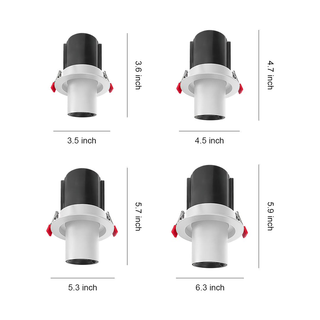 Dimension chart for LED ceiling downlights, showing four different sizes and corresponding heights from 3.6 to 5.9 inches.