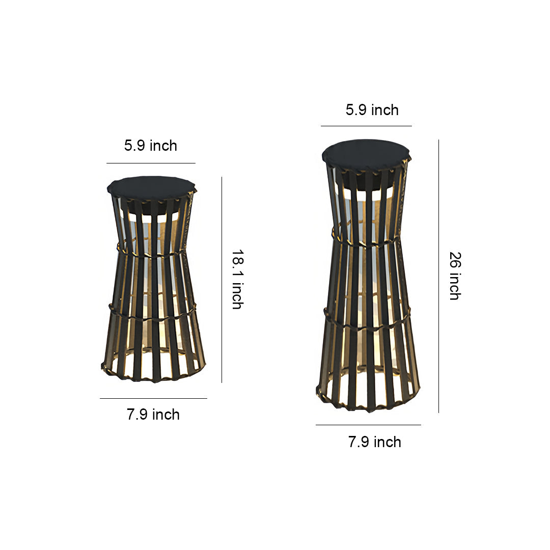Dimensions diagram for two heights of the black woven-style outdoor black lanterns (19.1 inches and 25 inches tall).